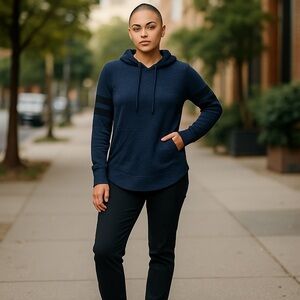 💰Almost Famous Navy Hoodie with Black Stripes  -Size M